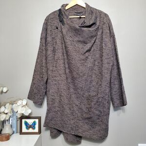 Eileen Fisher Overcoat Size M/L Charcoal Tweed Cowl Neck Wool Blend Mid Length
